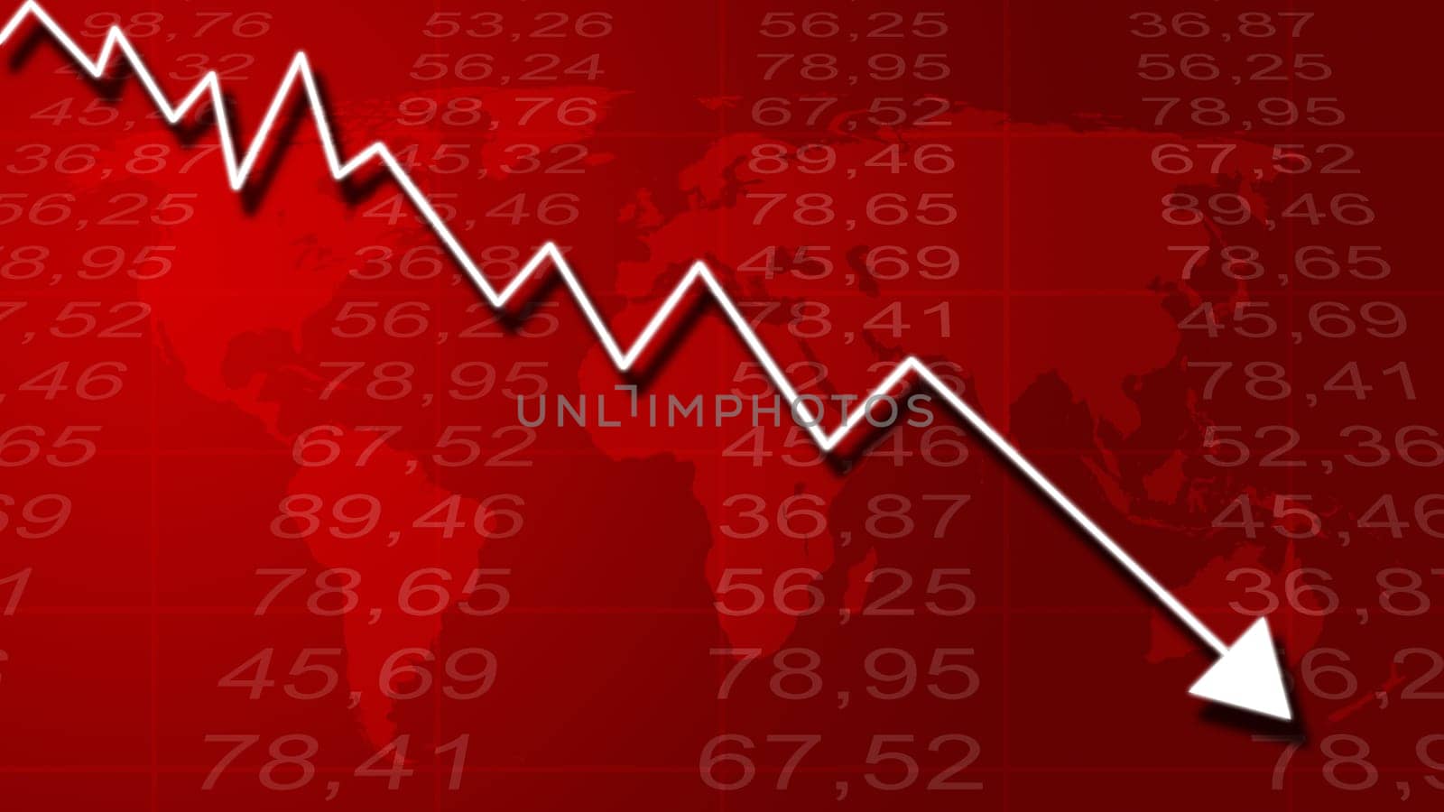Arrow graph going down and electronic stock numbers on a blue background.