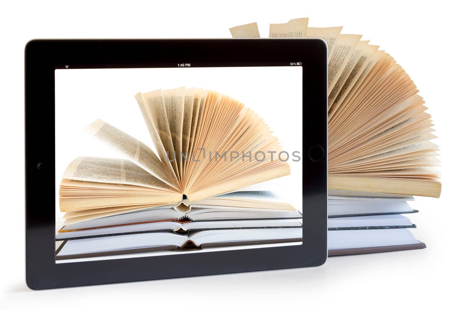 Books and  tablet computer isolated on white, digital library concept,