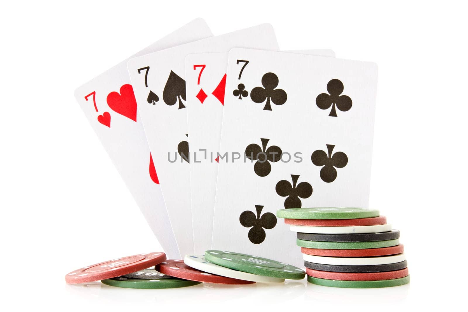 Cards and chips for poker on white background