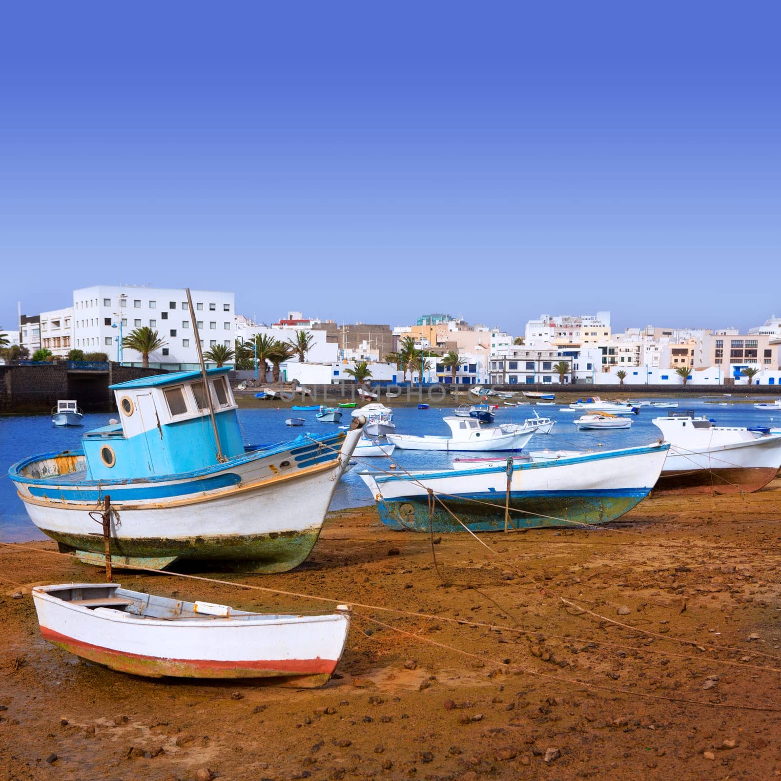 Arrecife in Lanzarote Charco de San Gines boats in Canary Islands