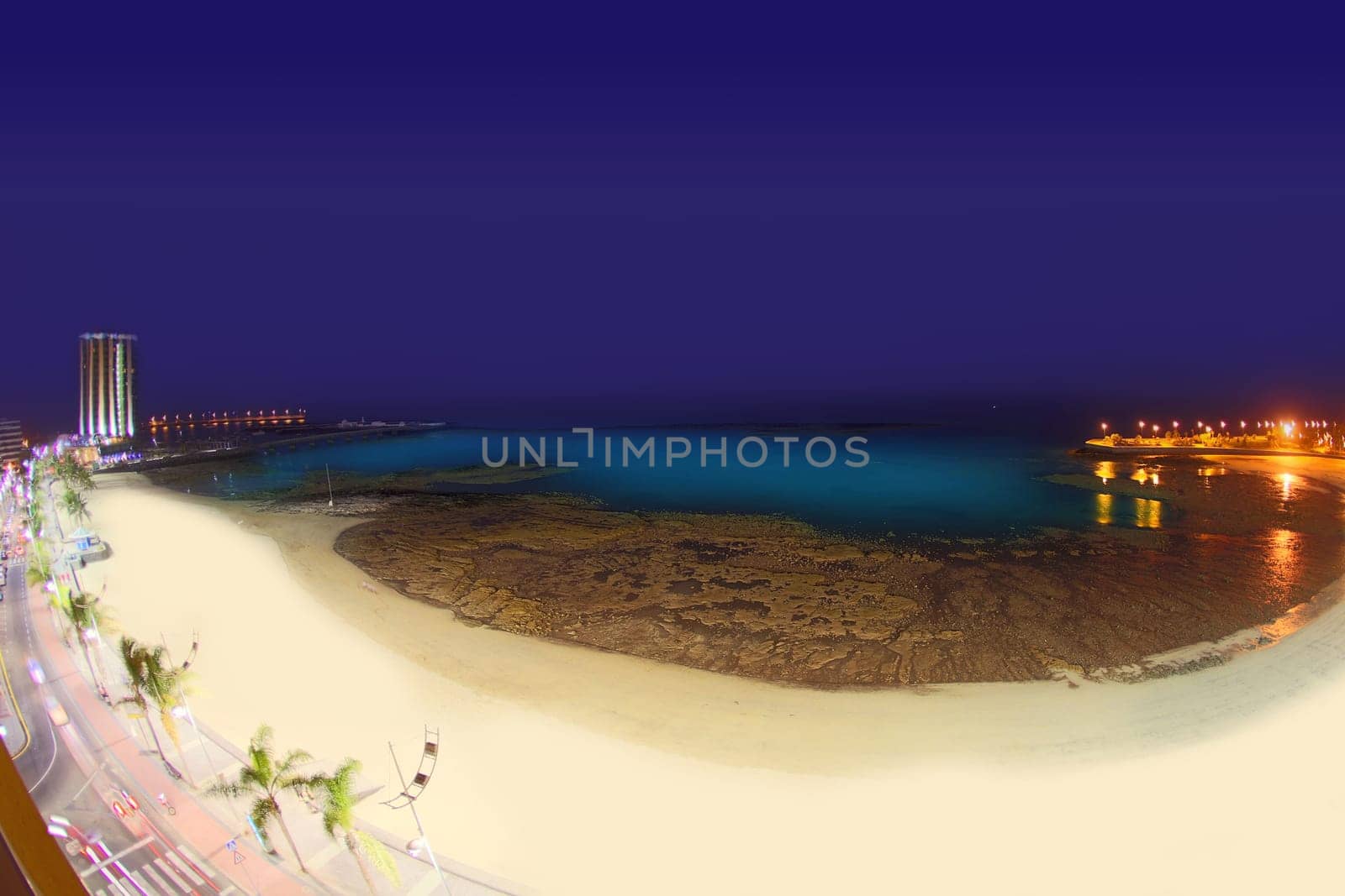 Arrecife Lanzarote Playa del Reducto beach aerial night view in Canary Islands