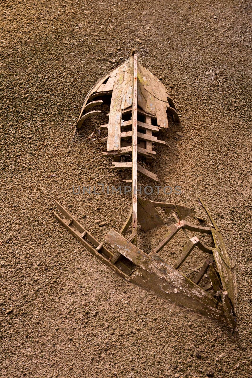 boat ship skeleton grunge half buried in brown sand
