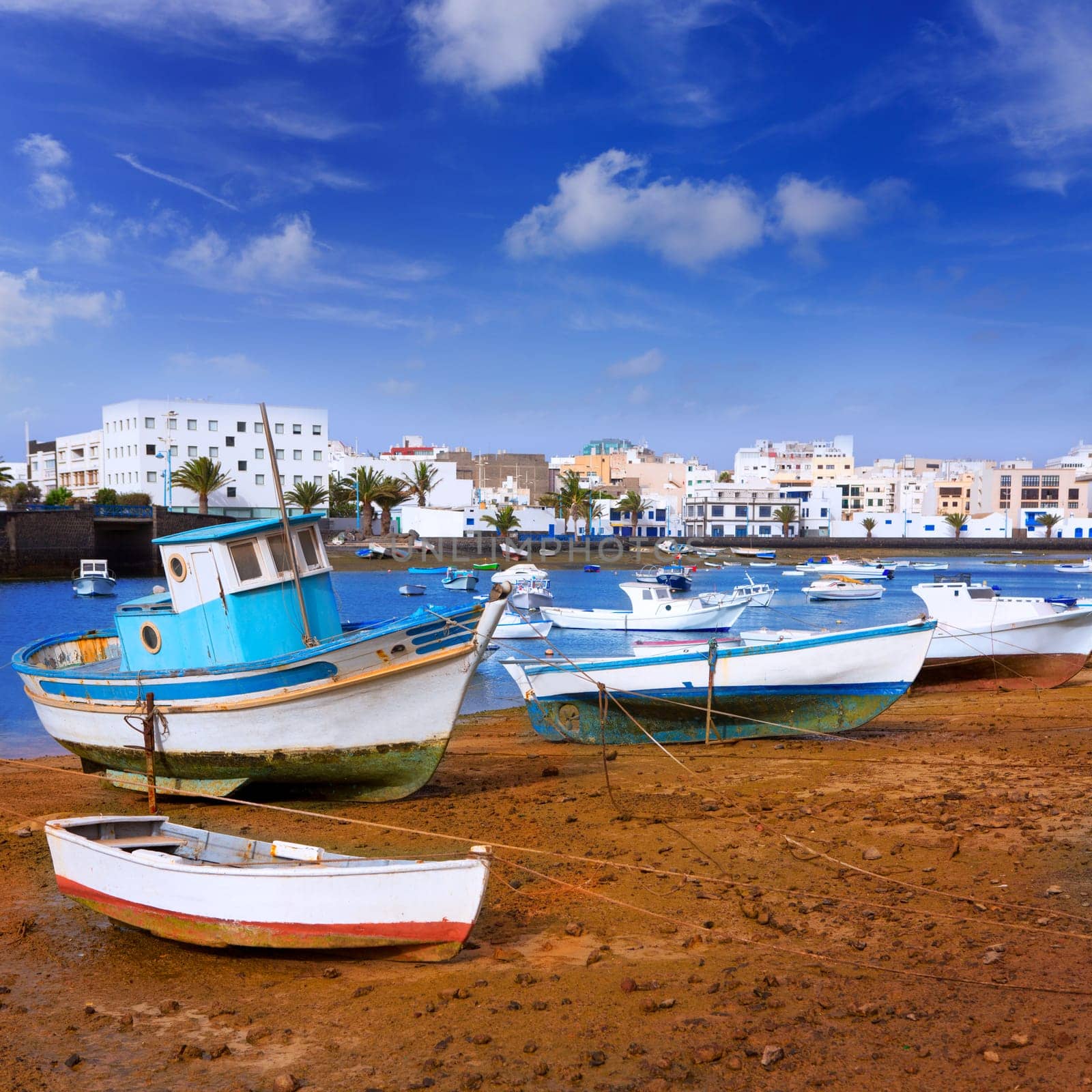 Arrecife in Lanzarote Charco de San Gines boats in Canary Islands
