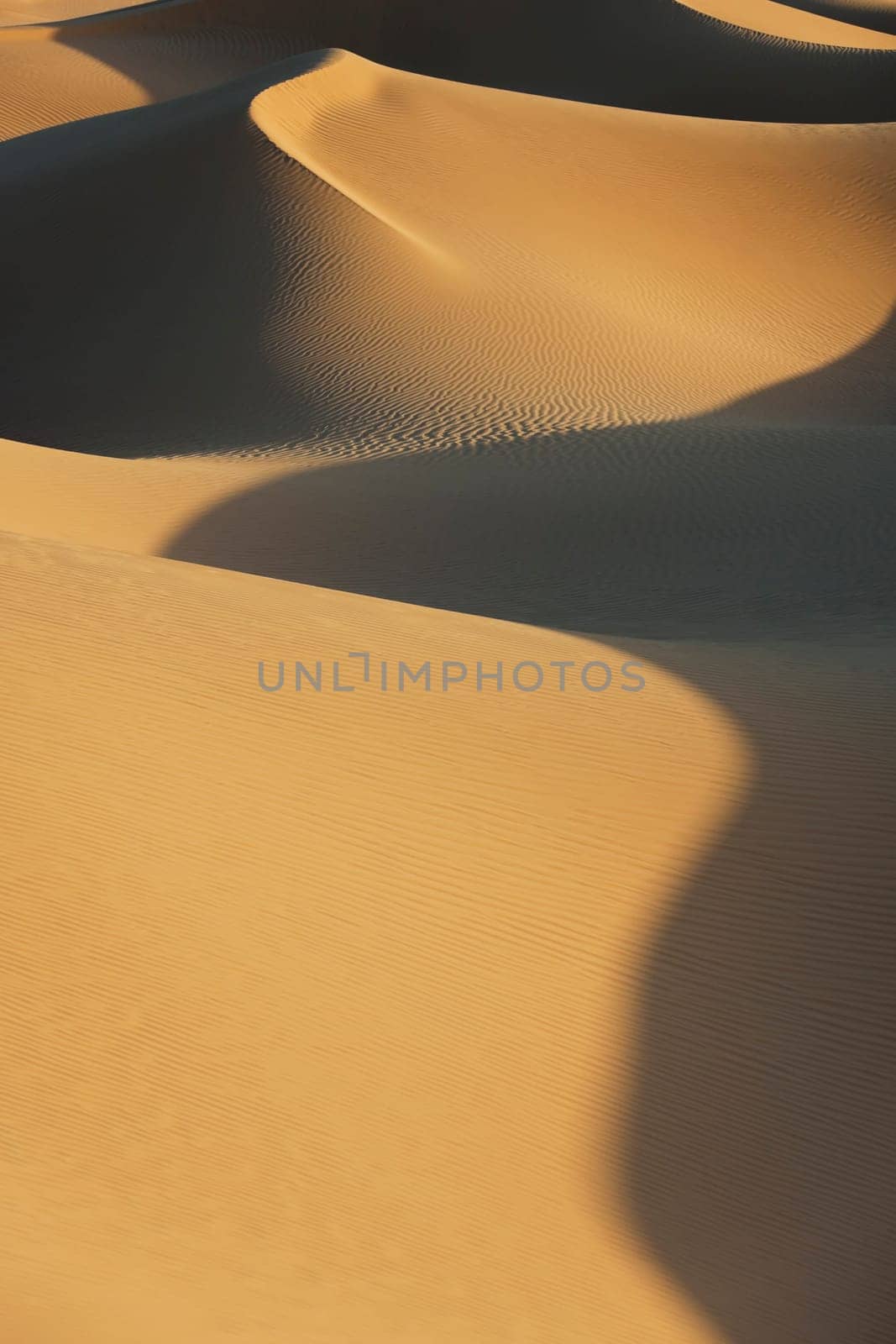 Sahara desert sand dunes with deep shadows at Erg Lihoudi, M&#039 hamid, Morocco.