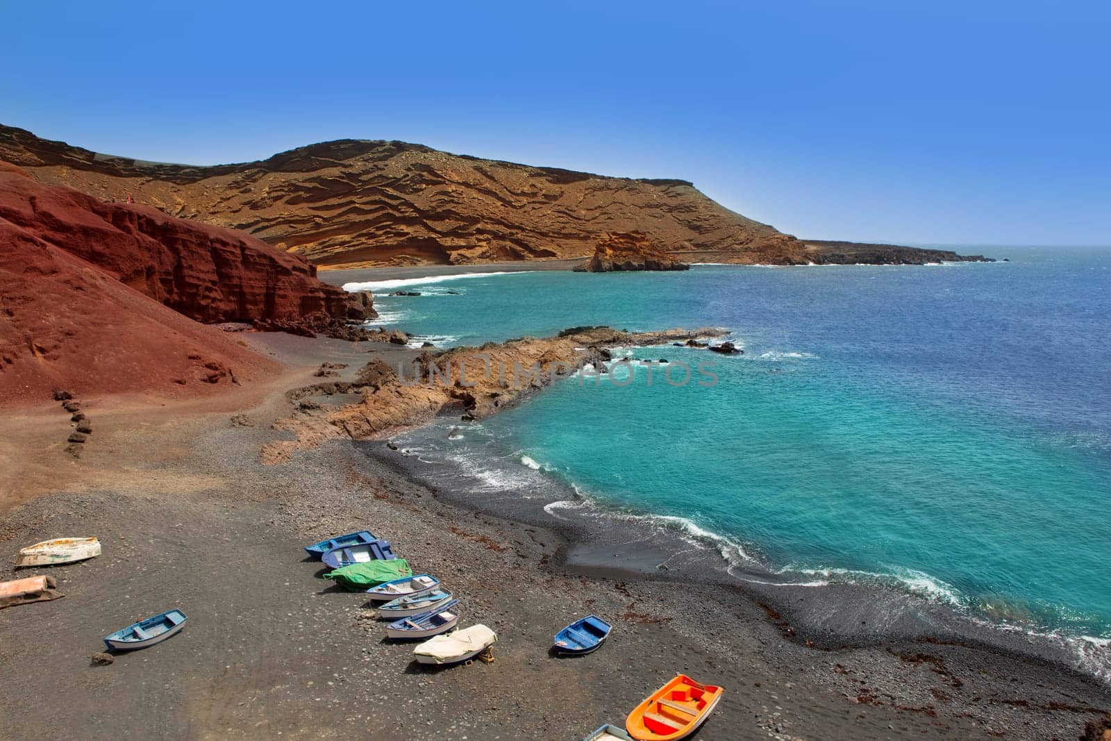 Lanzarote El Golfo Atlantic ocean beached boats in Canary Islands