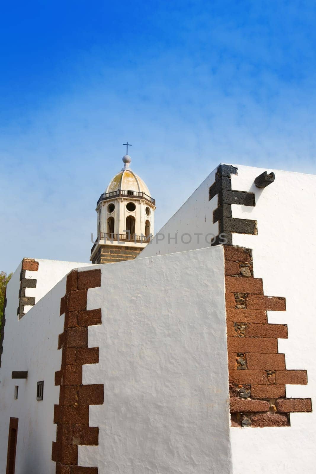 Lanzarote Teguise white village with church tower in Canary Islands