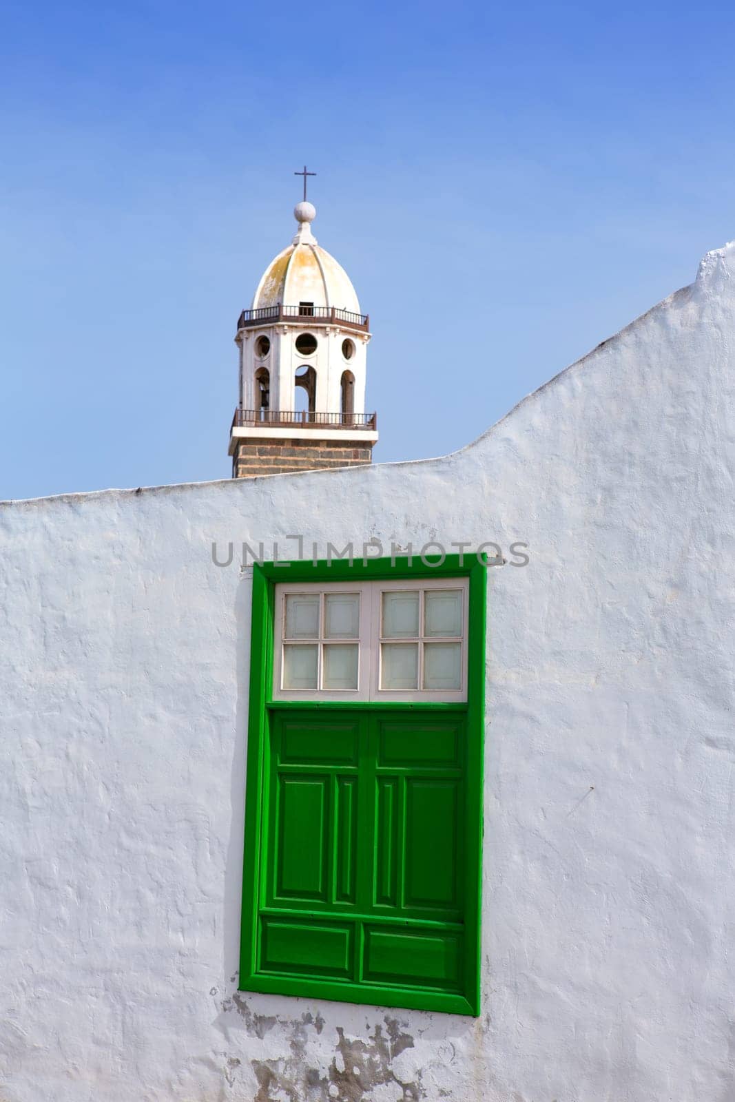 Lanzarote Teguise white village with church tower in Canary Islands