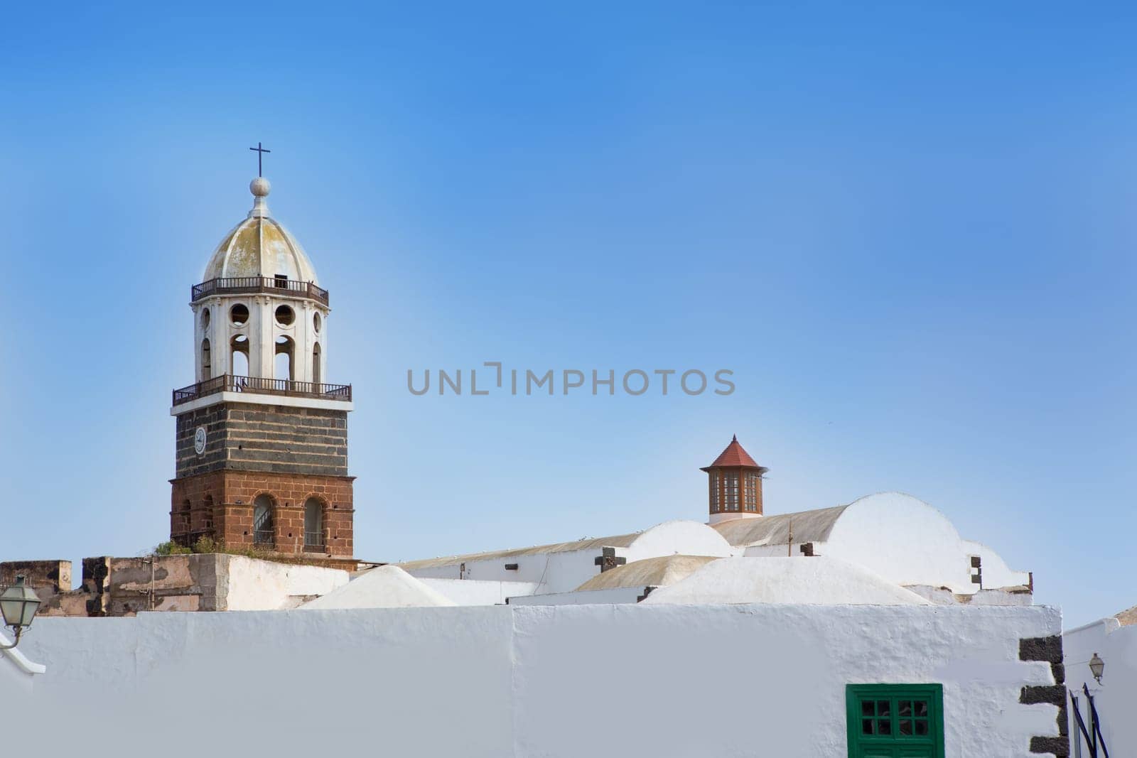 Lanzarote Teguise white village with church tower in Canary Islands