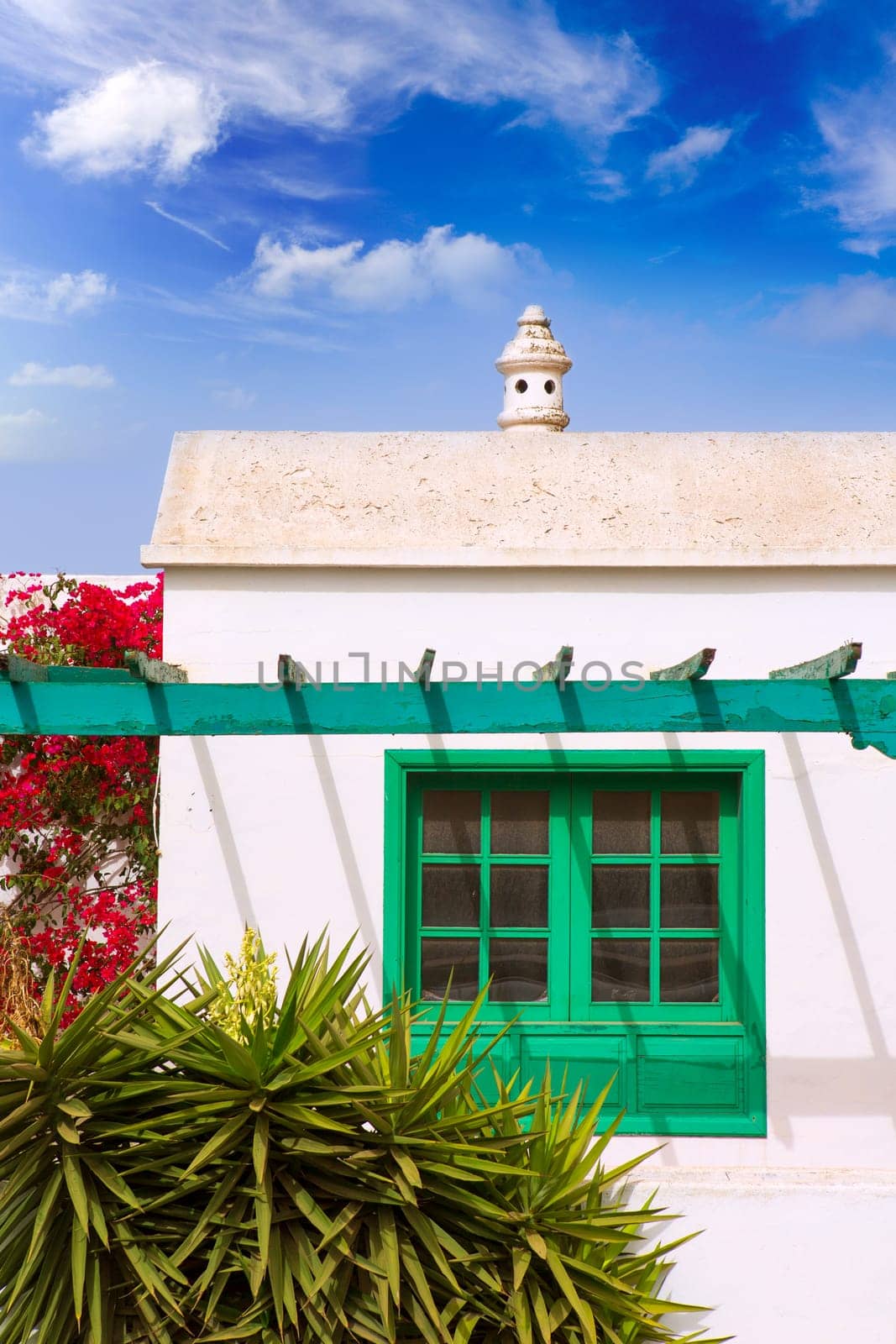 Lanzarote Teguise white village with church tower in Canary Islands