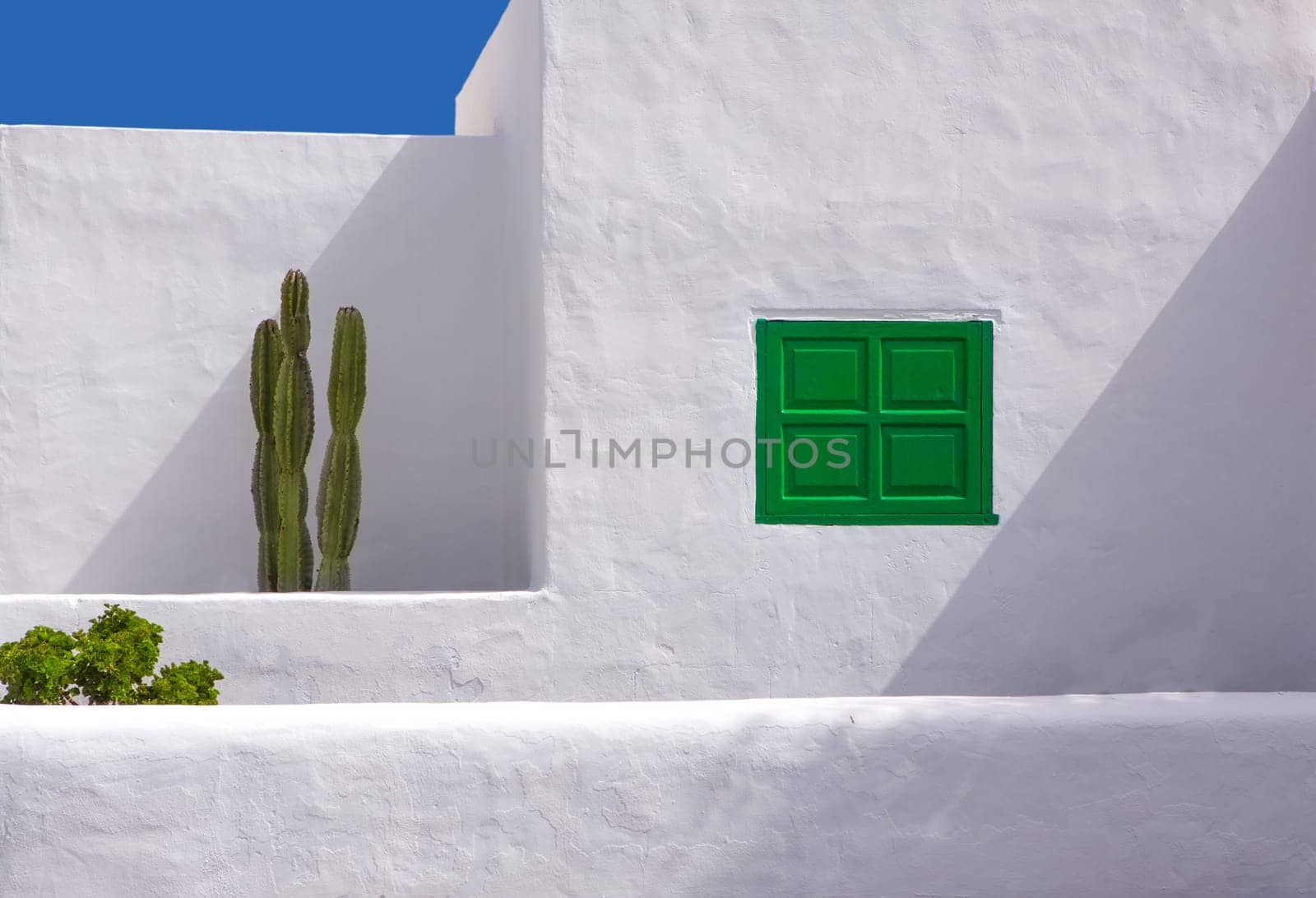 Lanzarote san Bartolome white typical house cactus and green window
