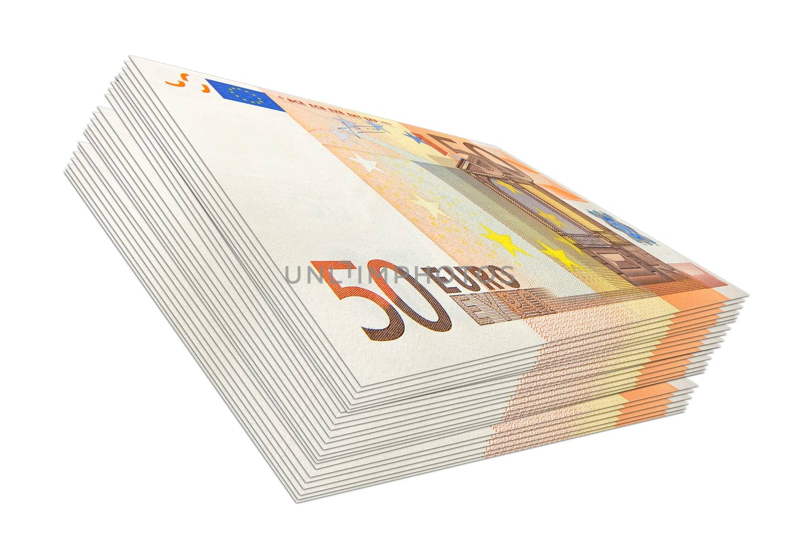fifty euro wad of cash in perspective isolated on white