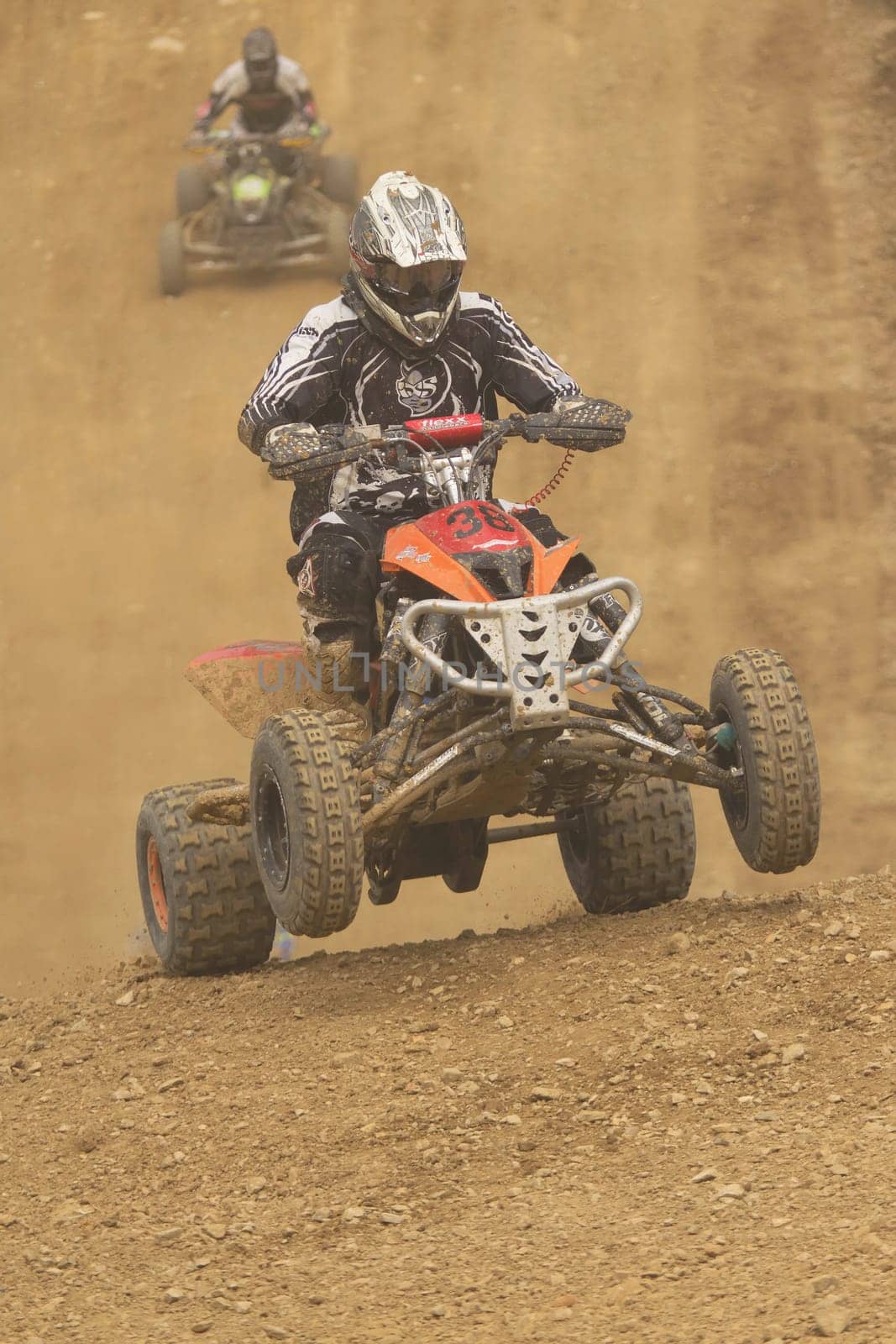 MOHELNICE,  CZECH REPUBLIC - SEPTEMBER 08: Two riders ride a quad motorbike in the "International Championship of the Czech Republic 2012"" on September 08, 2012 in MOHELNICE, Czech Republic."