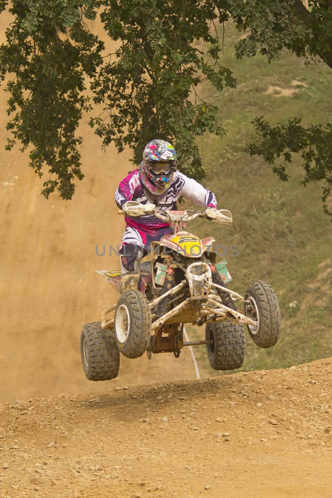 MOHELNICE,  CZECH REPUBLIC - SEPTEMBER 08: Unidentified racer jumps a quad motorbike in the "International Championship of the Czech Republic 2012"" on September 08, 2012 in MOHELNICE, Czech Republic."