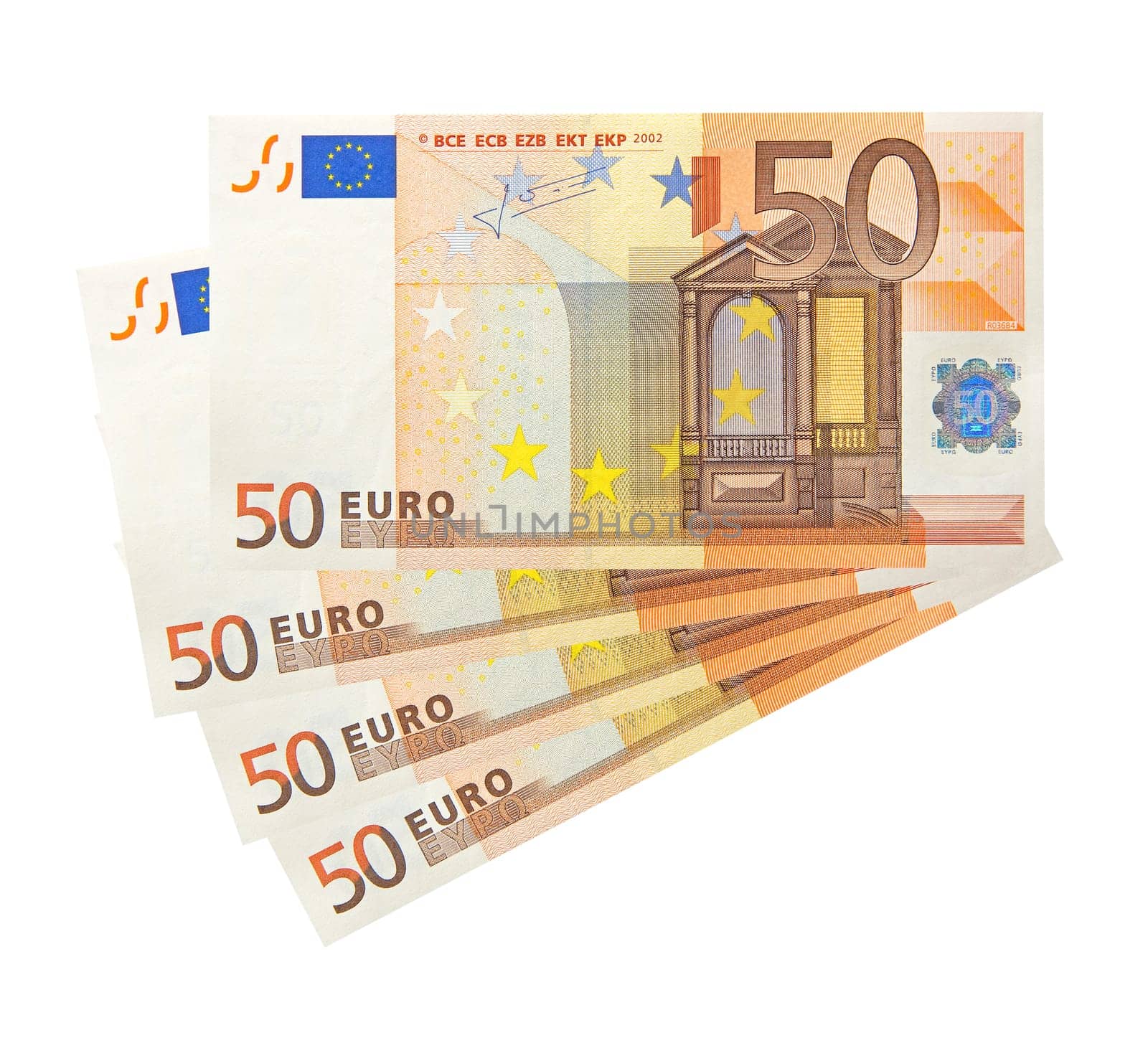 four fifty euro banknotes on top of each other and isolated on white