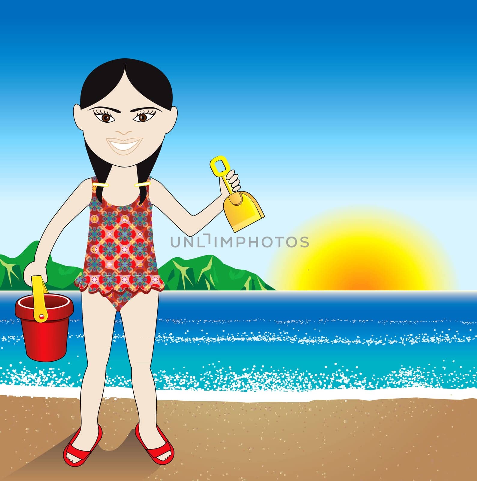 Vector Illustration of a Beach Sand Chinese Girl Background.