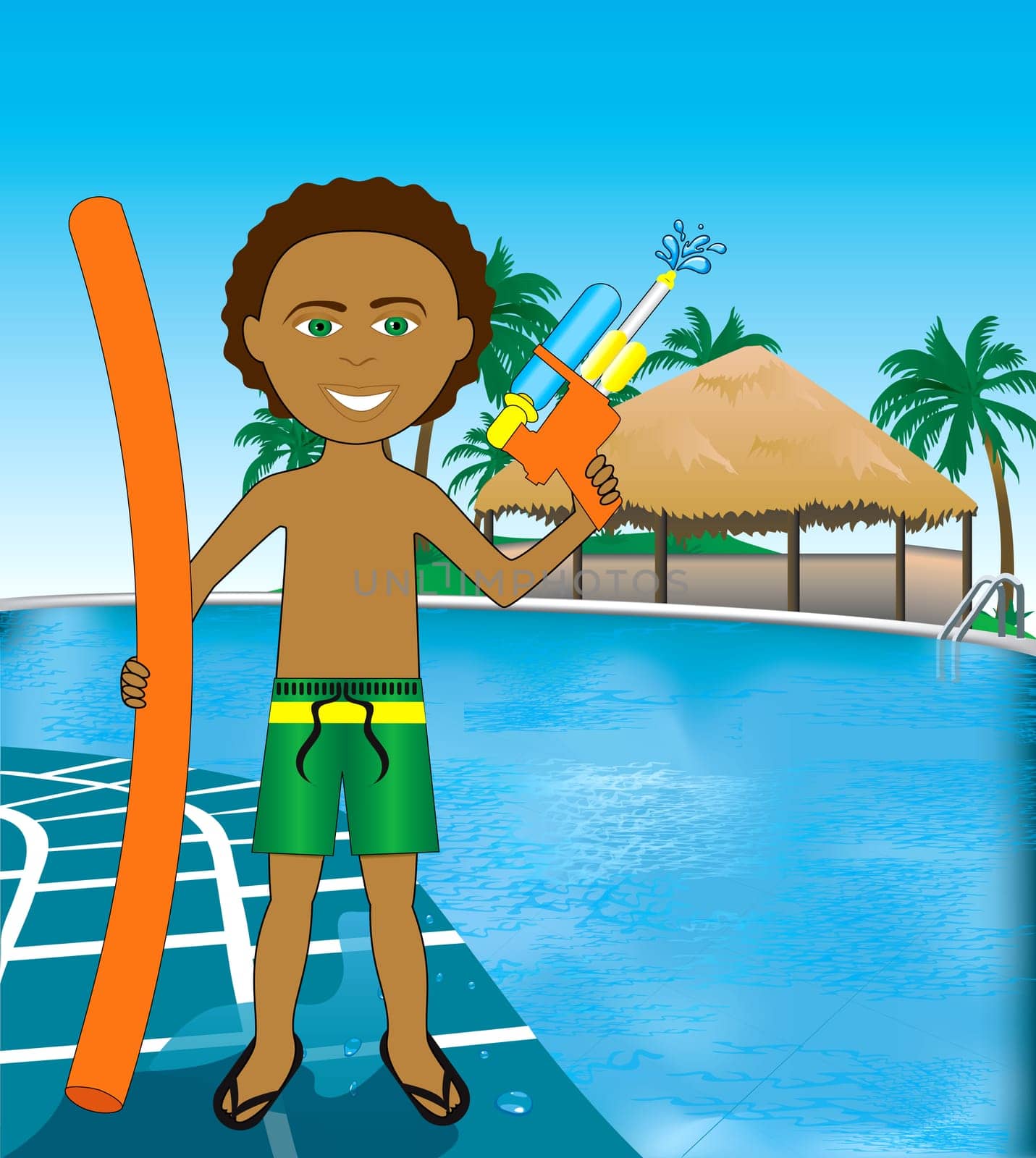 Vector Illustration of Hawaiian Pool Mixed Afro Boy with noodle and water gun.
