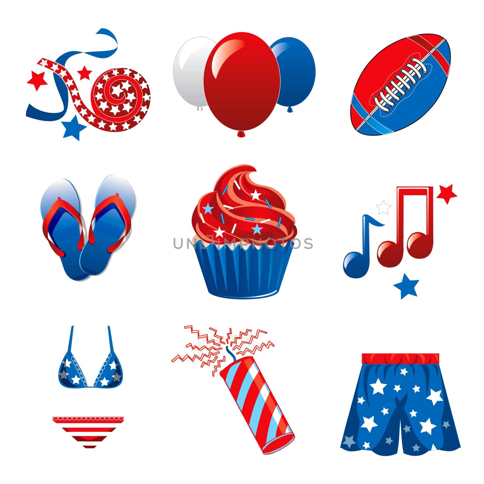 Vector Illustration of nine icons for the 4th of July Independence Celebration.