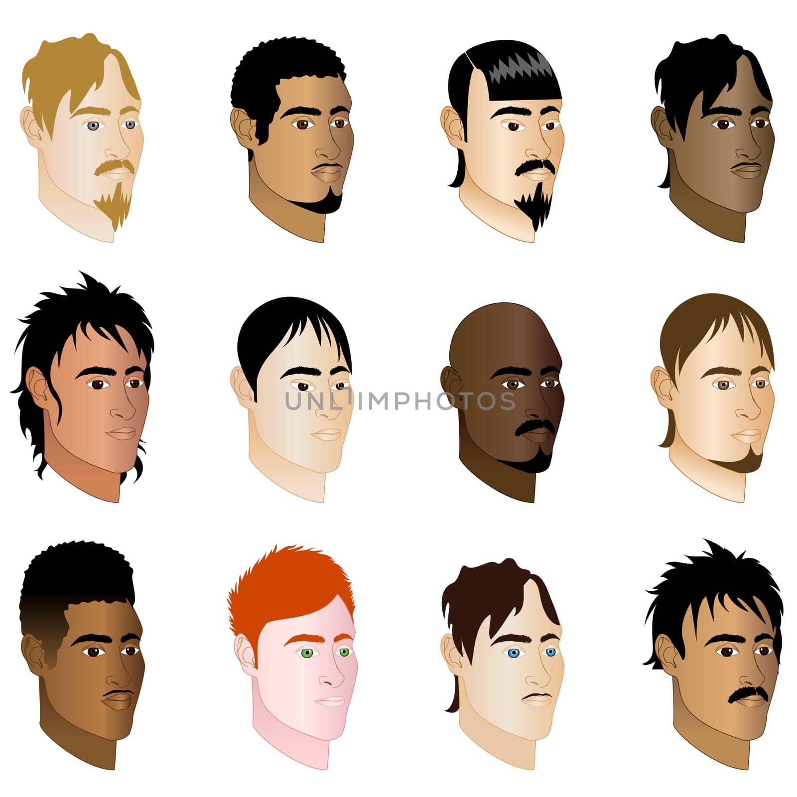 Vector Illustration of 12 different men side profile view.