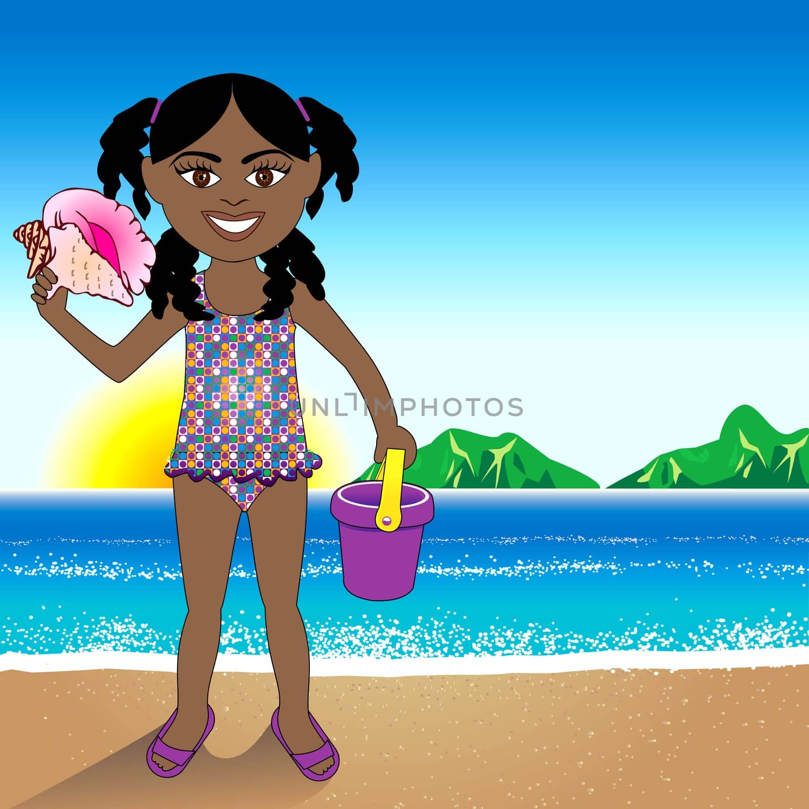 Vector Illustration of a Conch Shell girl with a Beach Background.