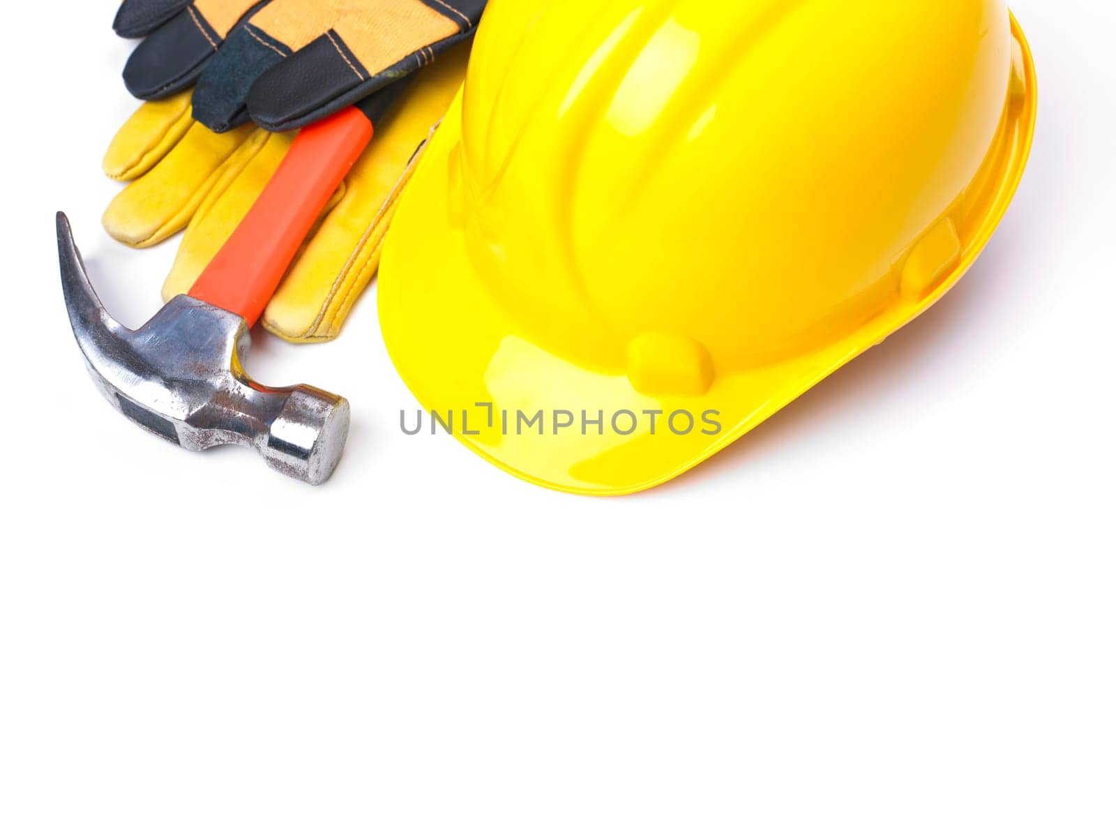 HardHat Hammer And Leather Gloves on white