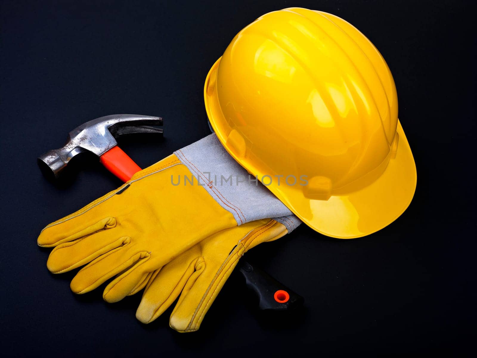 HardHat Hammer And Gloves on black