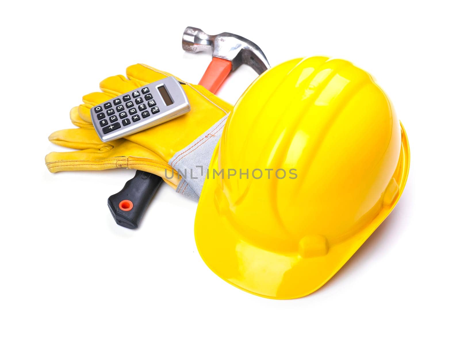 Ready fgor building site - HardHat Hammer Gloves Calculator on white