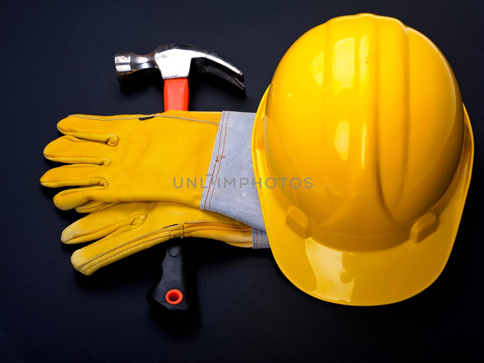 HardHat Hammer And Gloves on black