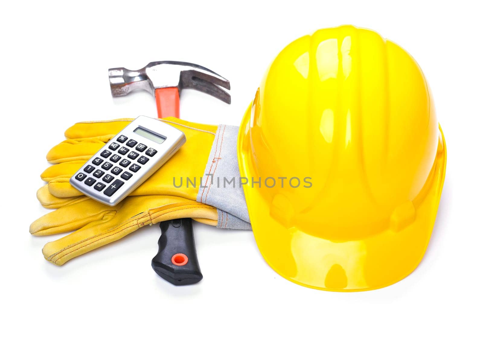Ready fgor building site - HardHat Hammer Gloves Calculator on white