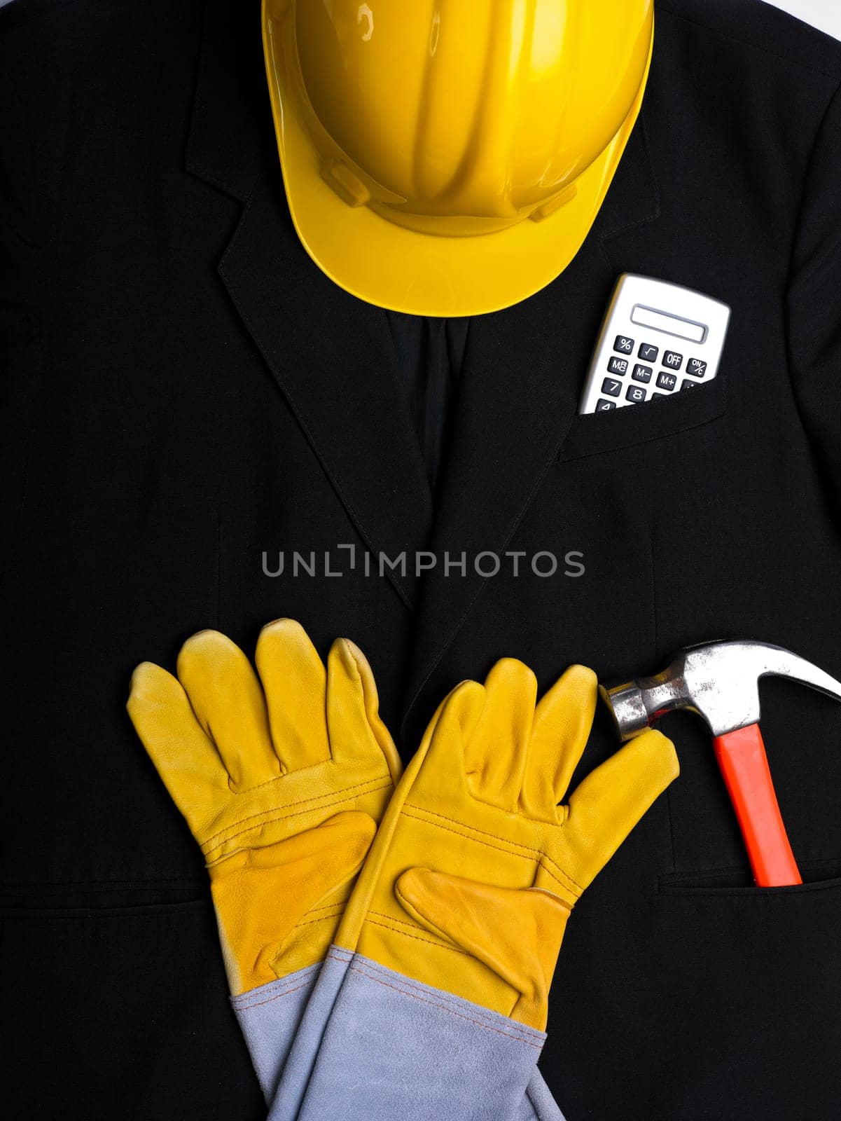 Engineer suit is Ready - HardHat Hammer Gloves Calculator on white