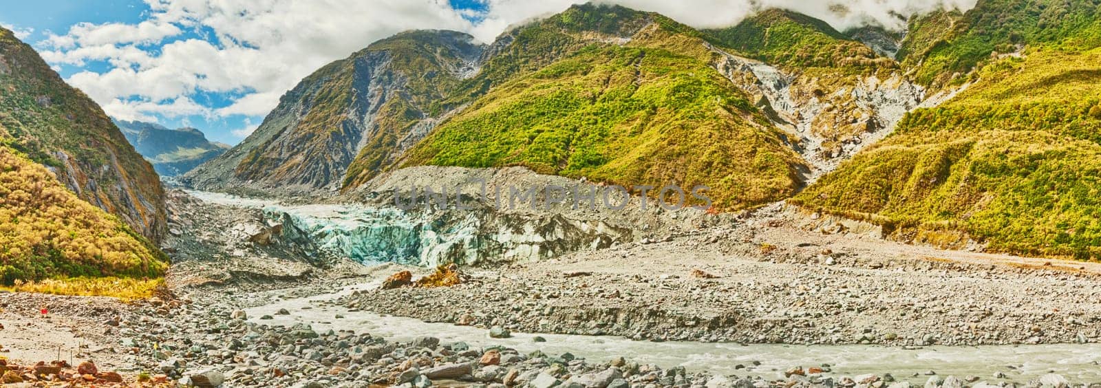 Fox glacier and river in New Zealand