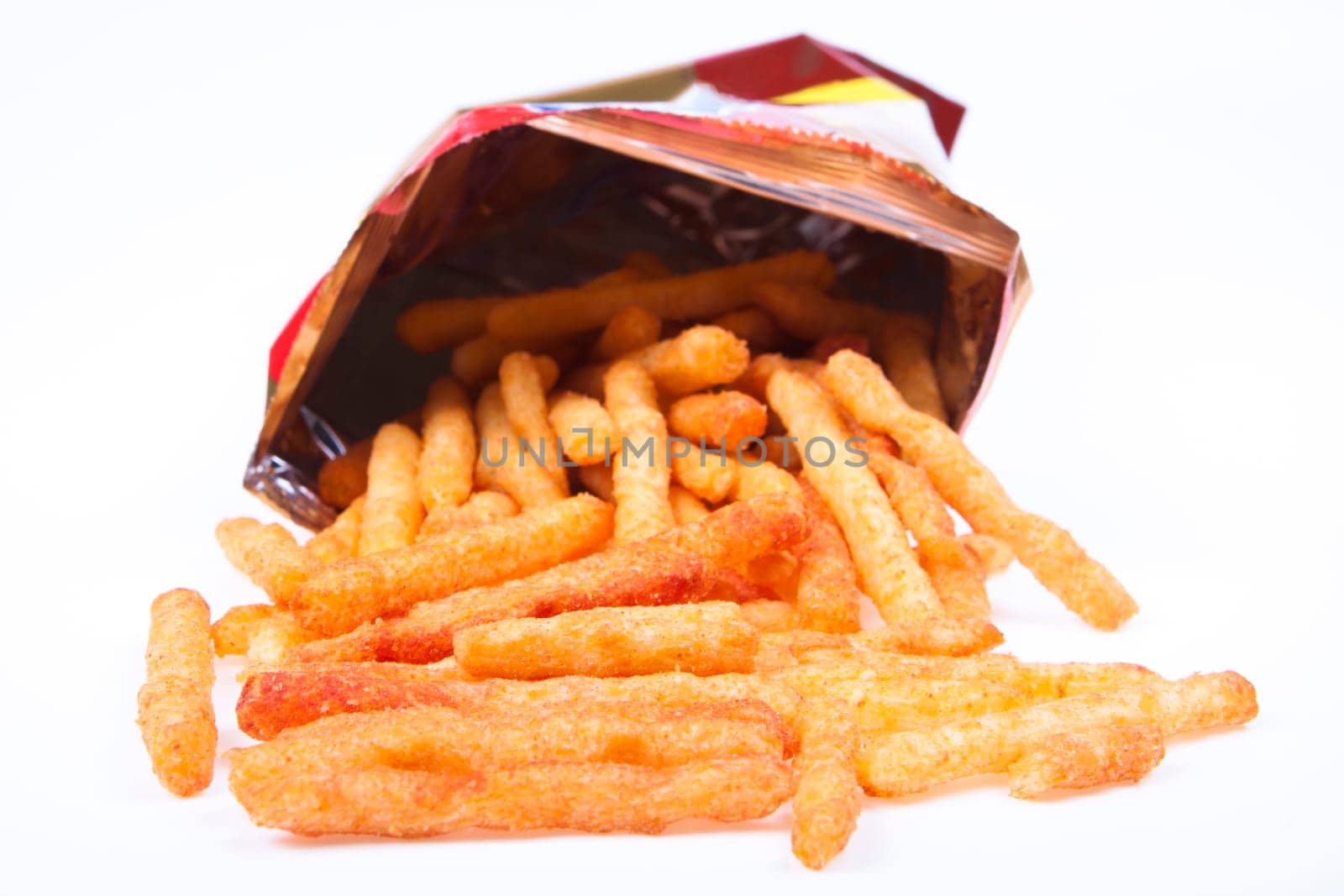 spicy french fries snacks in a abag on white background
