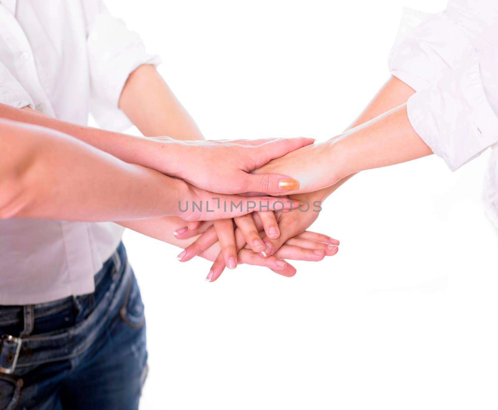 Business team join hands on white background