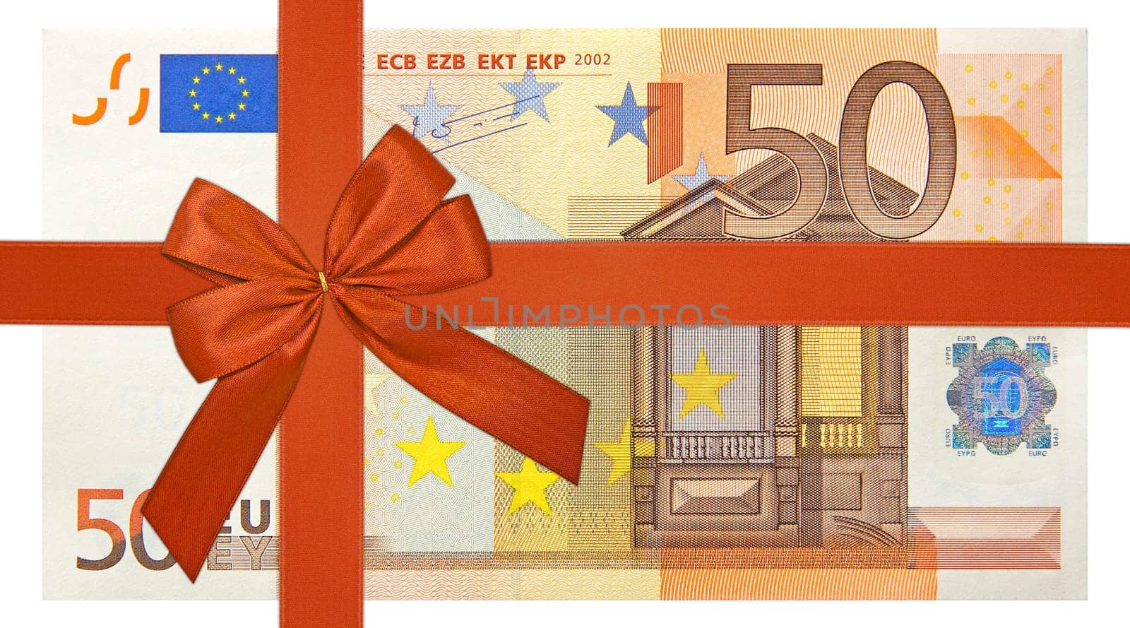fifty euro bank note with red ribbon band