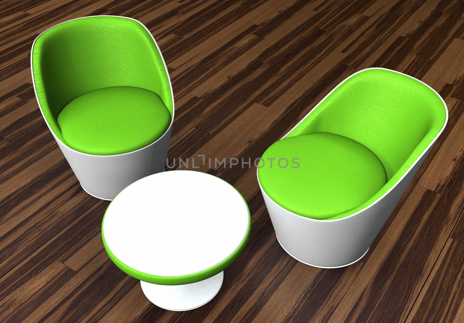 Modern seating group green on wooden floor from above