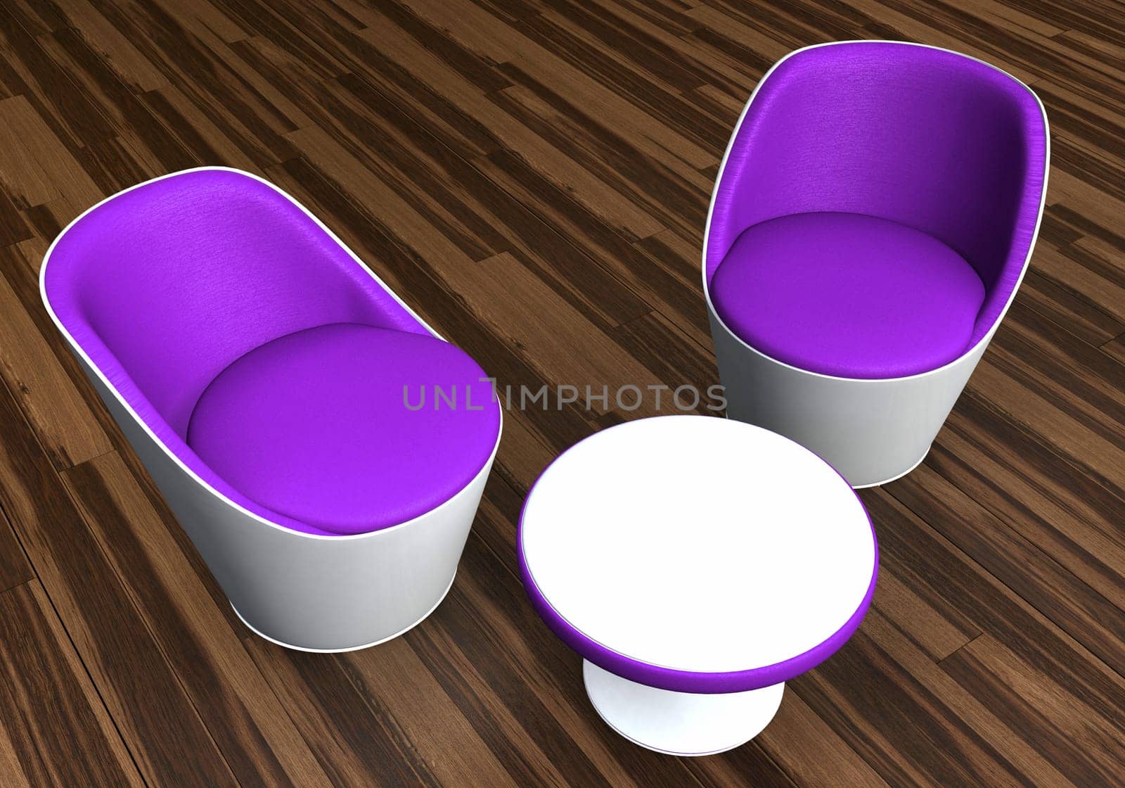 Modern seating group violet on wooden floor from above