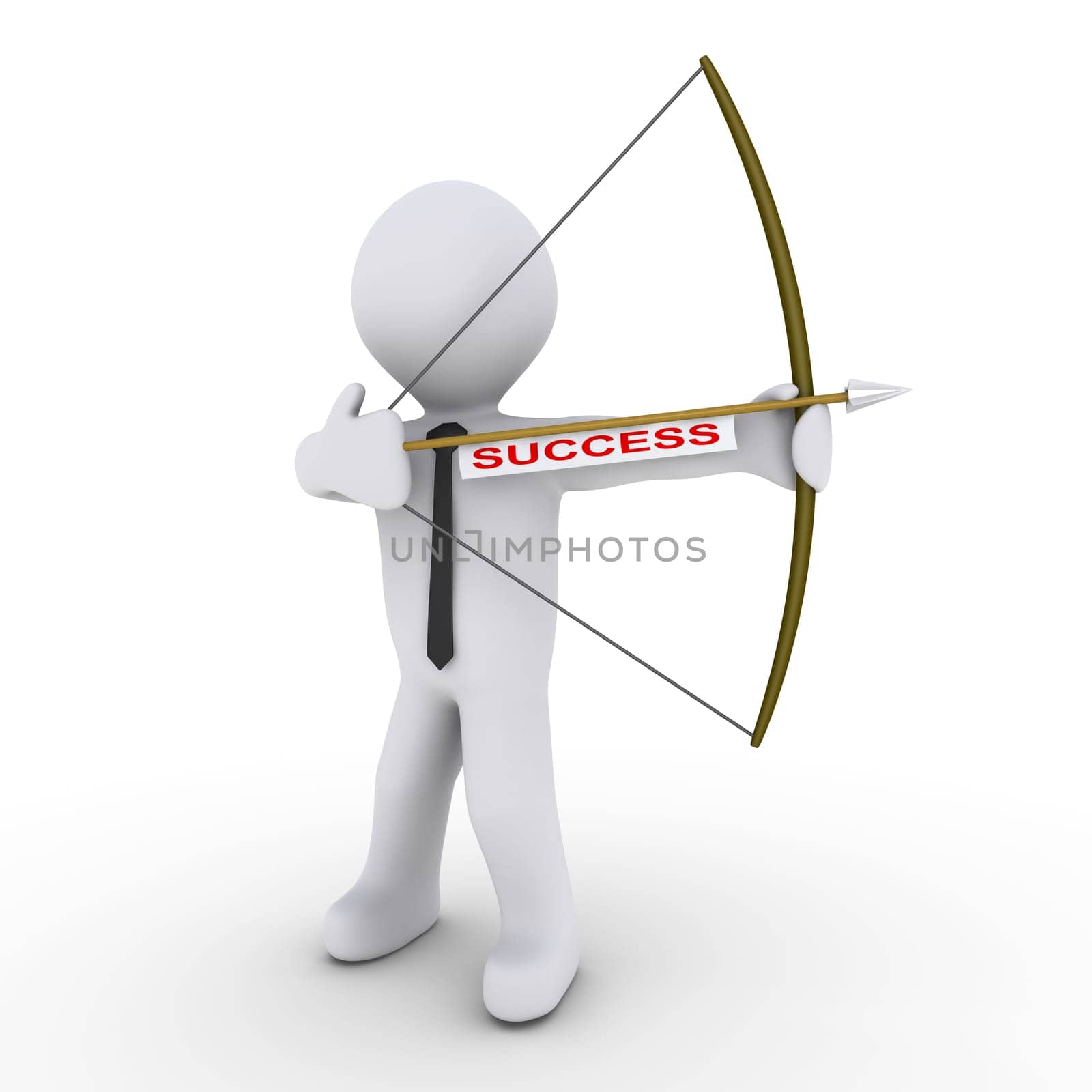 3d businessman as an archer is ready to shoot arrow with a success tag