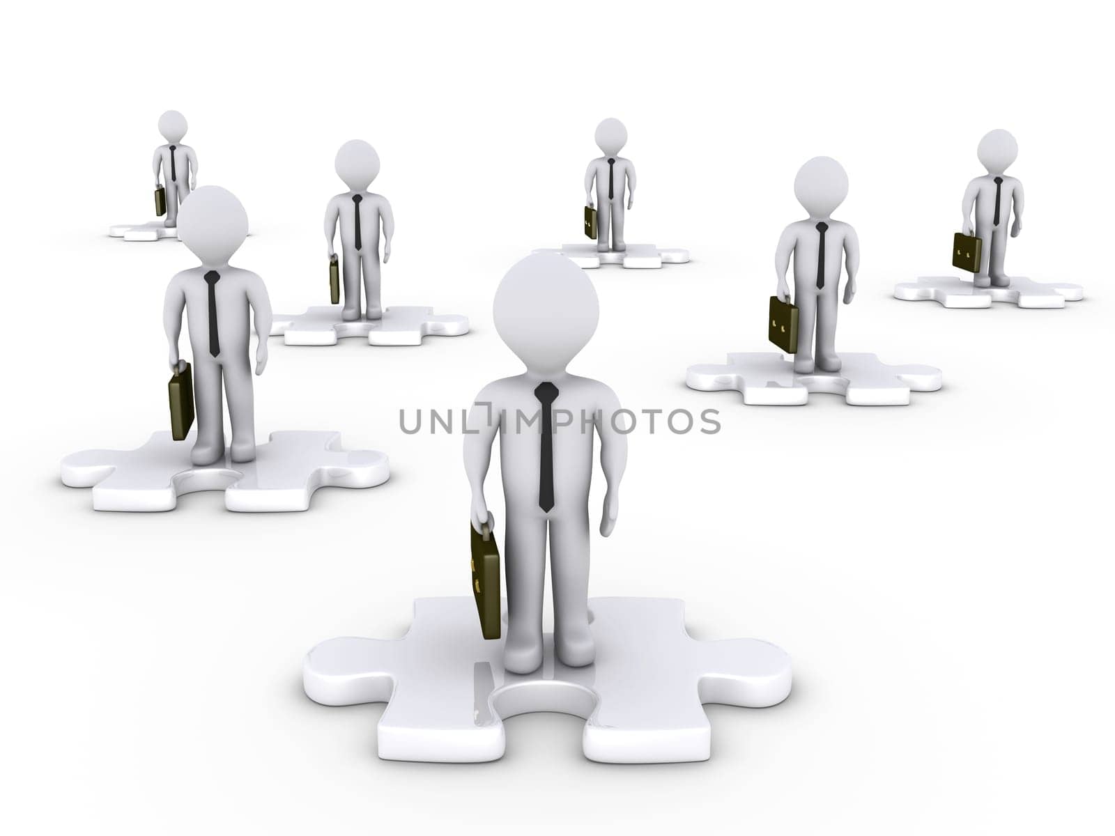 3d businessmen on white puzzle pieces in various positions