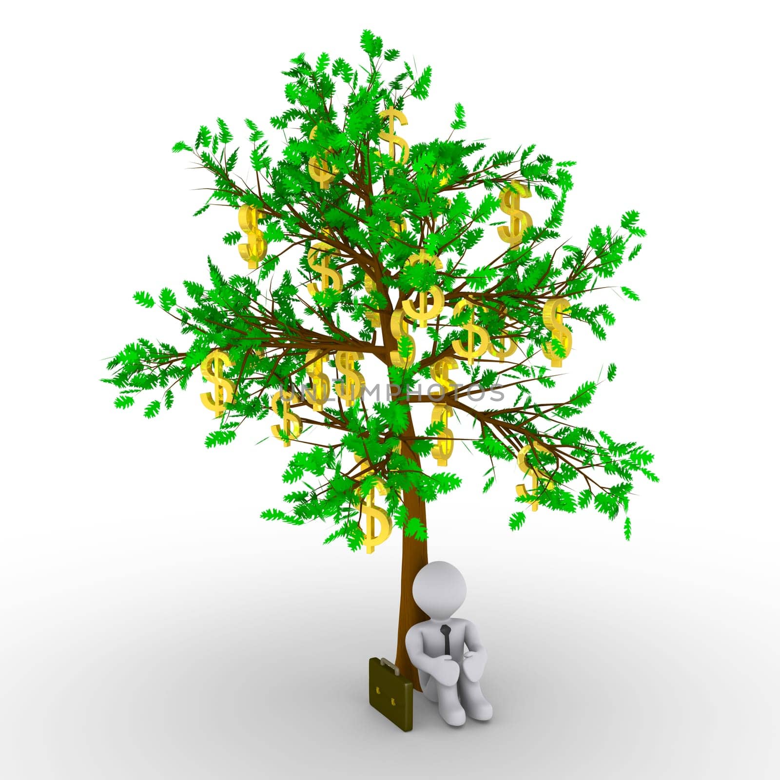 3d businessman is sitting under a tree with dollar signs