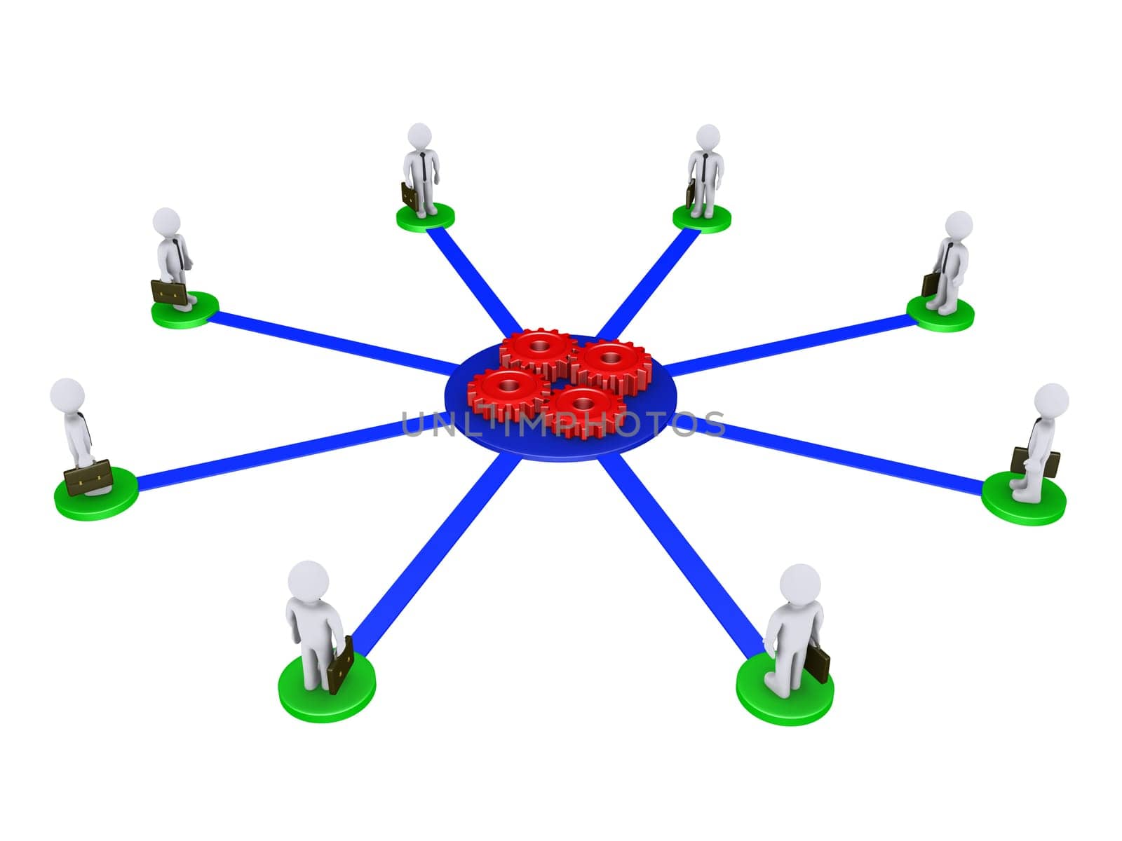 Eight 3d businessmen on pedestals are connected to four red cogs