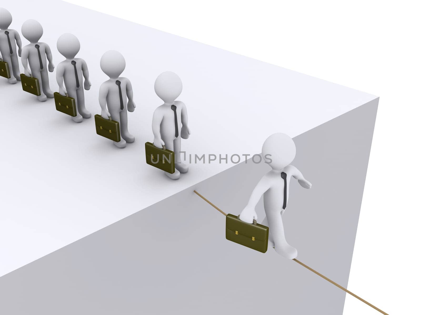 3d businessmen are waiting their turn to walk on rope