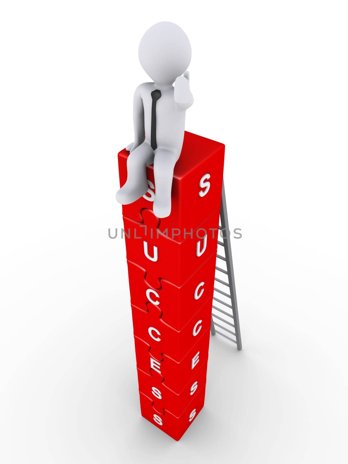 3d businessman is sitting on top of success blocks and a ladder