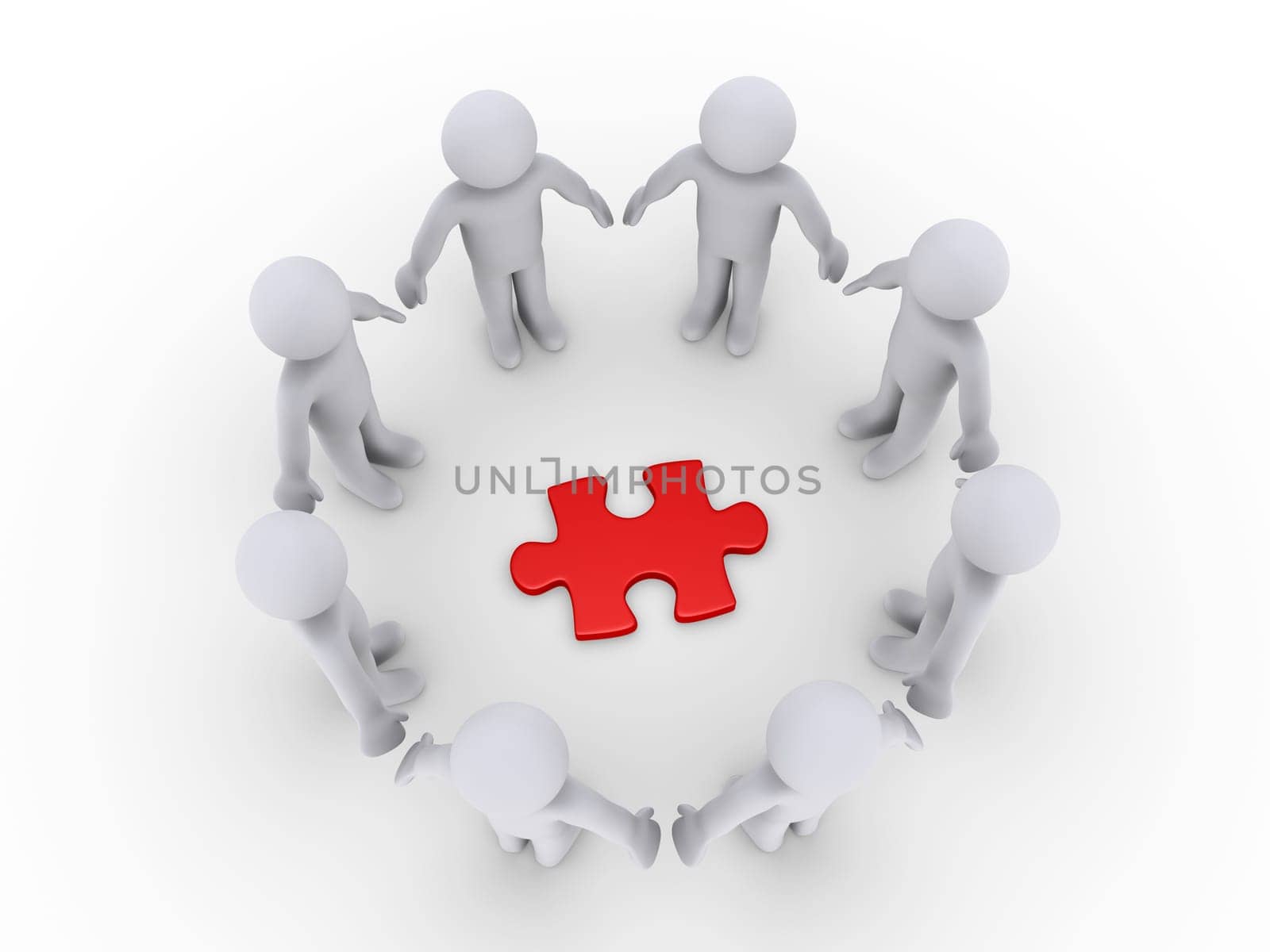 3d people in a circle around a red puzzle piece