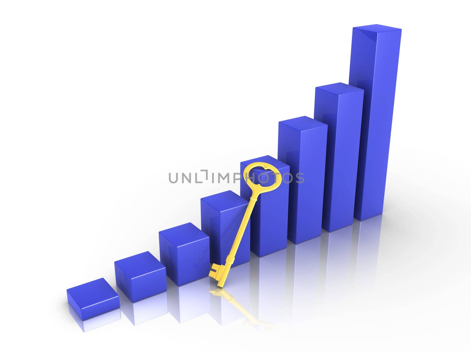 Blue 3d graph rising with golden key
