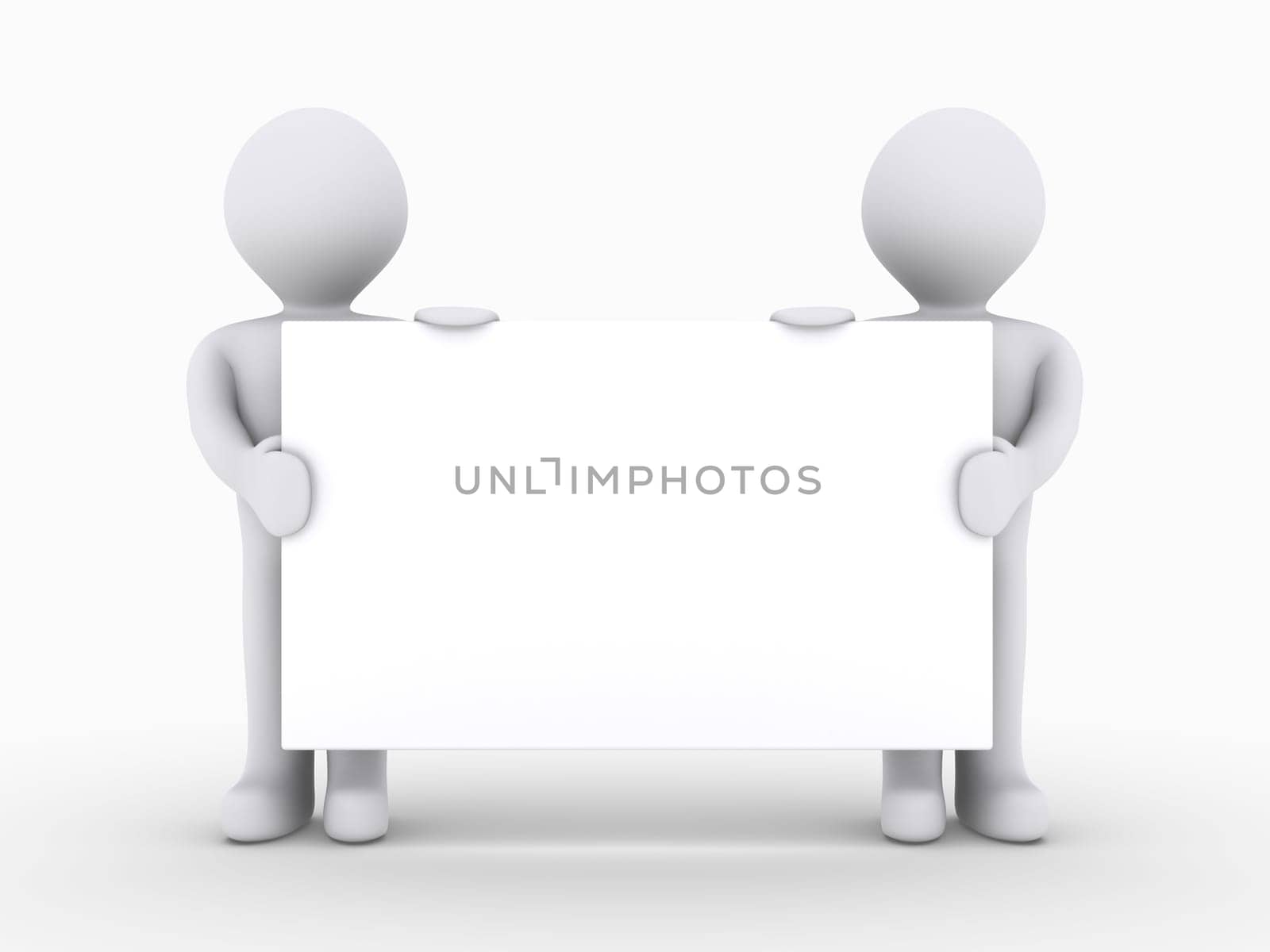 Two 3d people are holding blank sign low
