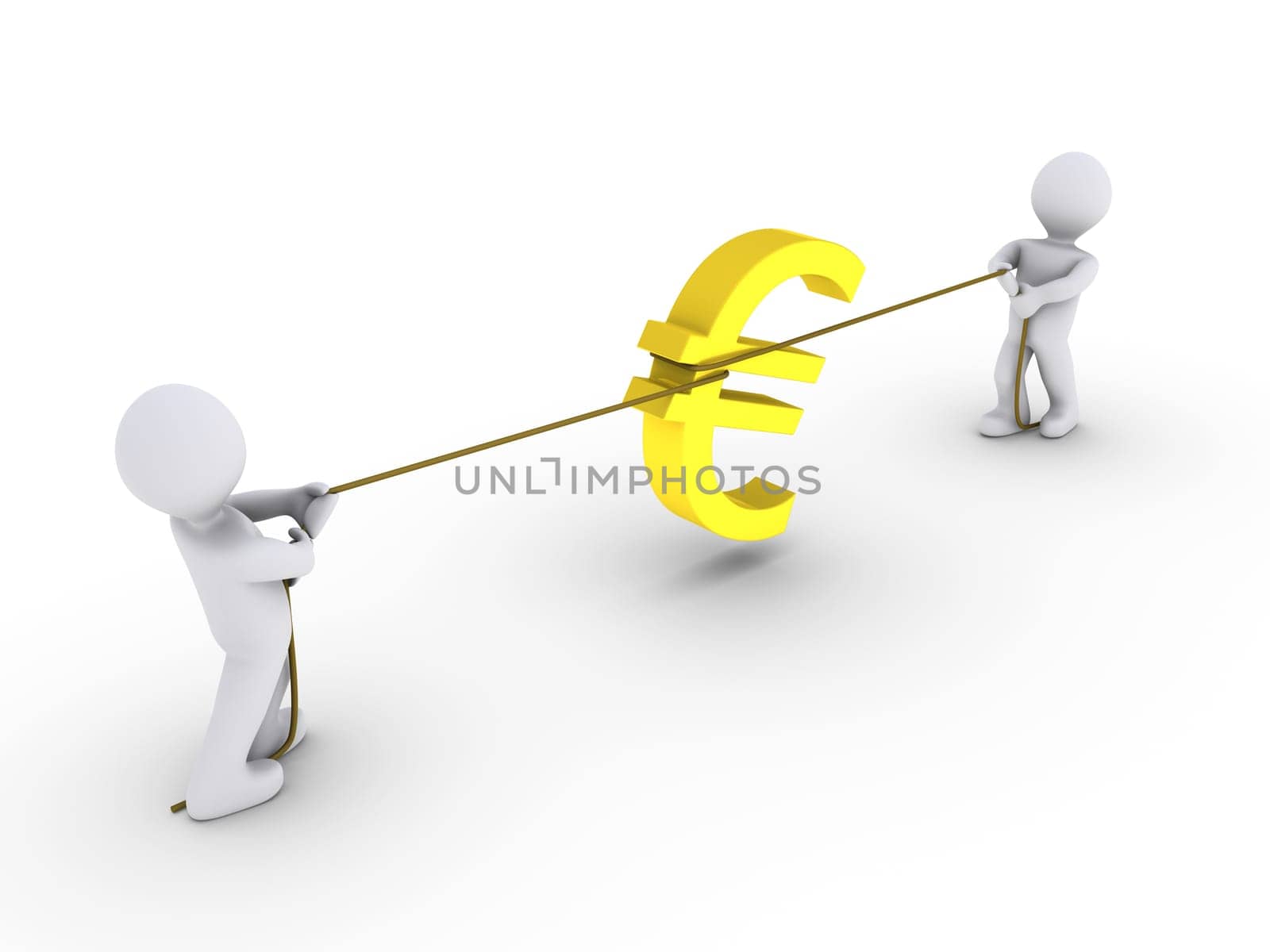 Two 3d persons pulling rope with euro sign against each other