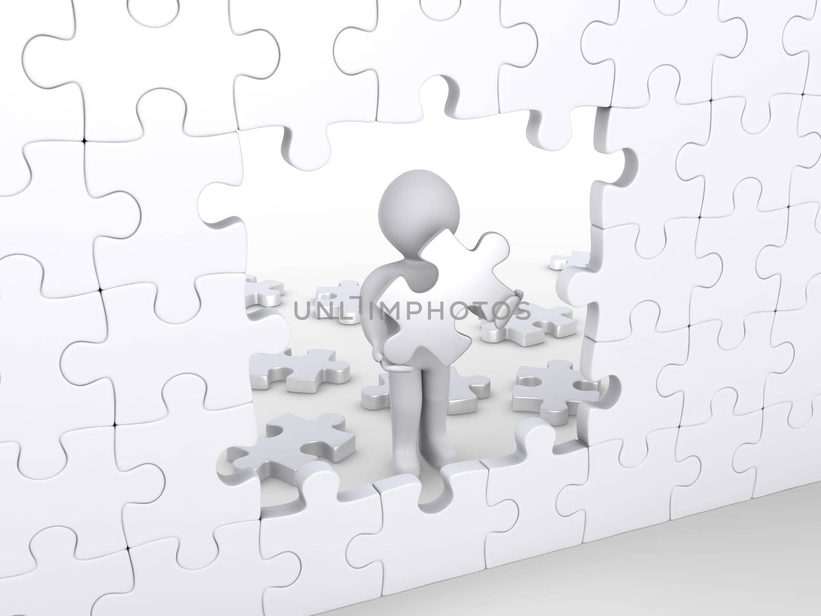3d person holding puzzle piece about to complete vertical white puzzle