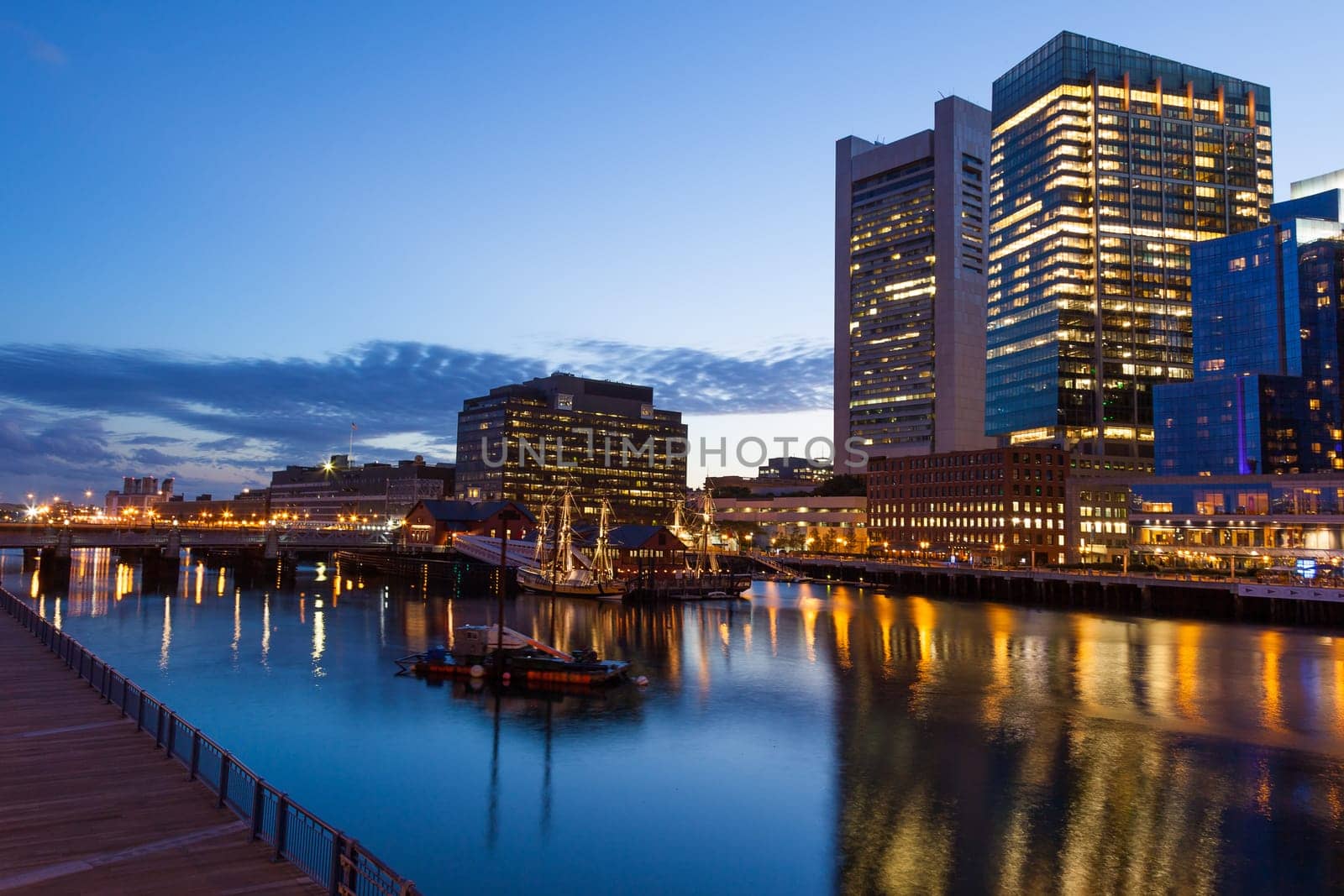 Boston waterfront by night, Massachusetts - USA