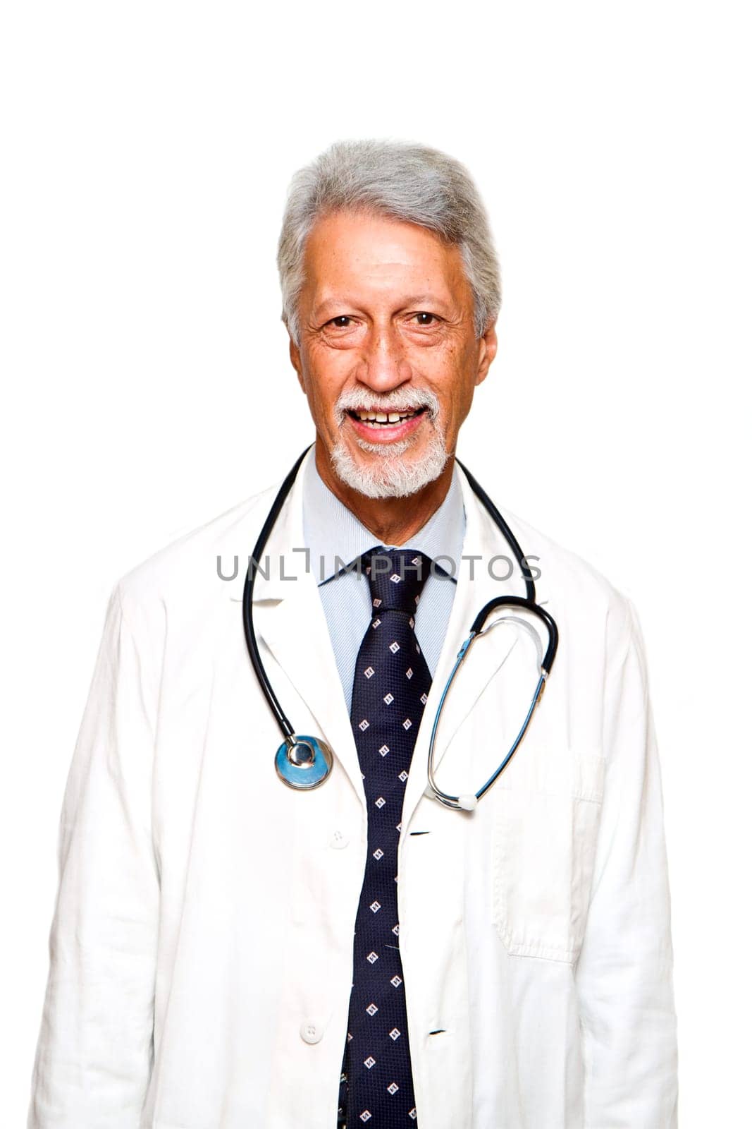 Portrait of happy senior doctor isolated on white background