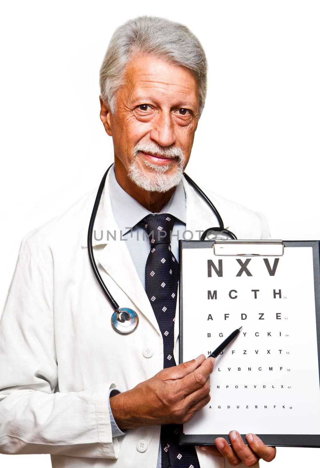 Portrait of happy senior doctor isolated on white background
