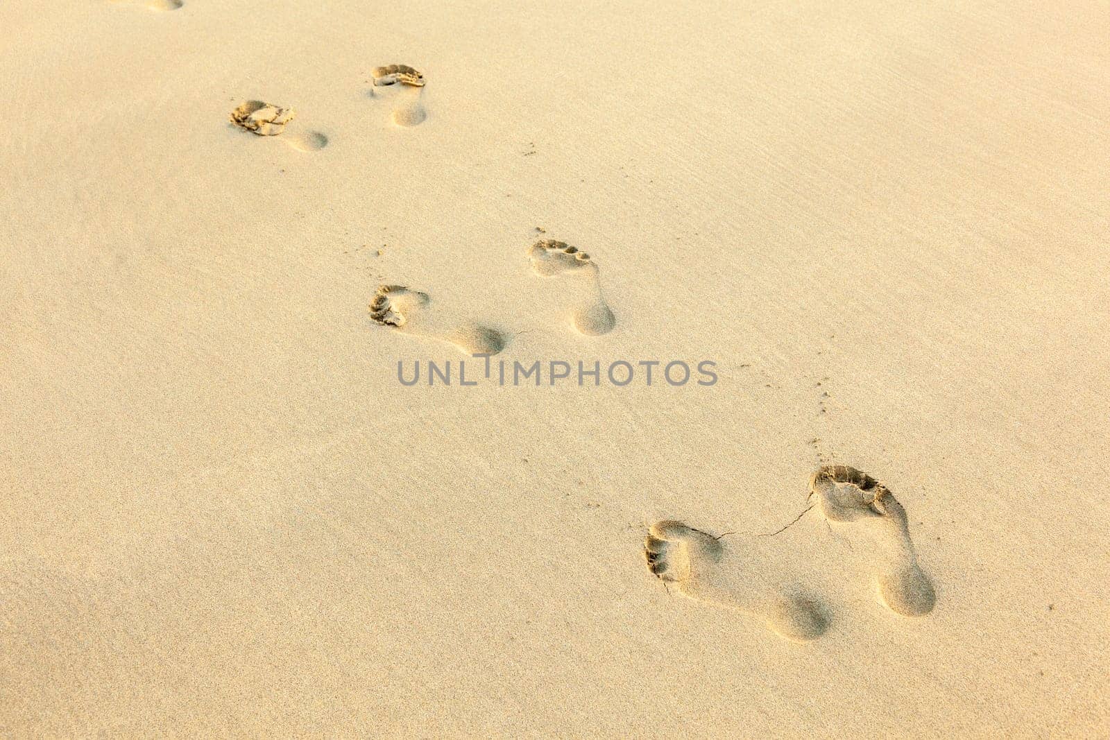 human footprints in the fine sand at the beach